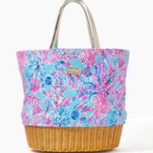 Lilly Pulitzer Wicker Tote Bag Celestial Blue Seek and Sea GWP NWT